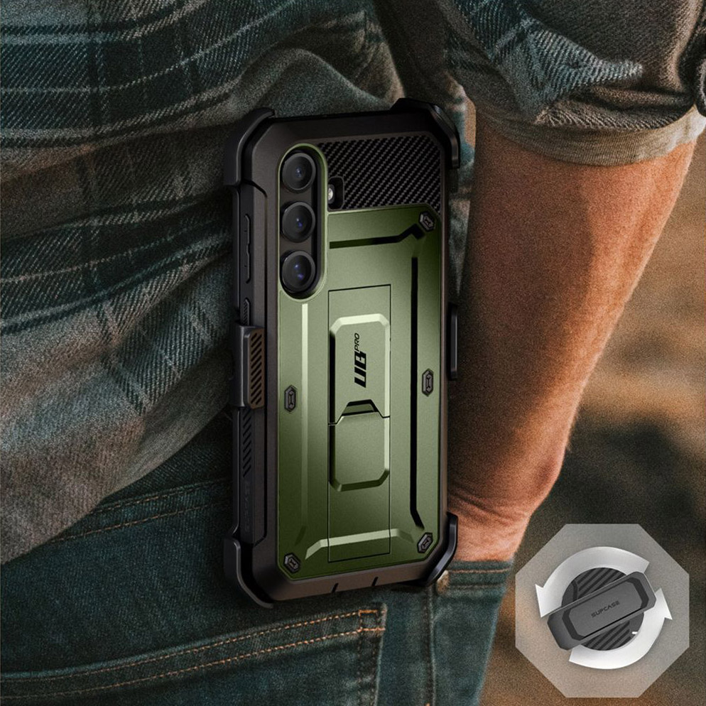 Etui pancerne z osłoną na ekran, z wbudowaną podstawką i kaburą z klipsem obrotowym Supcase Unicorn Beetle Pro do Galaxy S25, zielone
